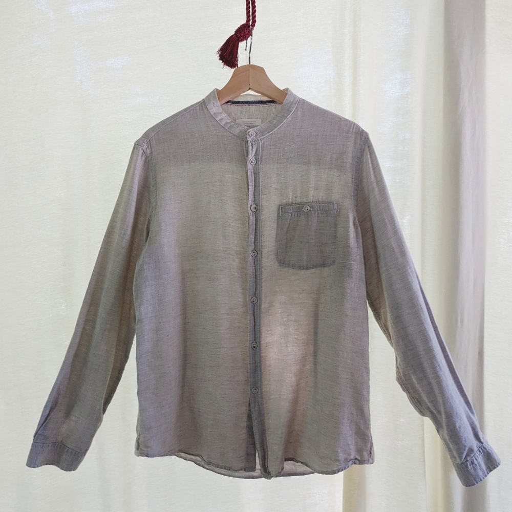 Washable Linen Blend Shirt, Mandarin Collar, Button Up